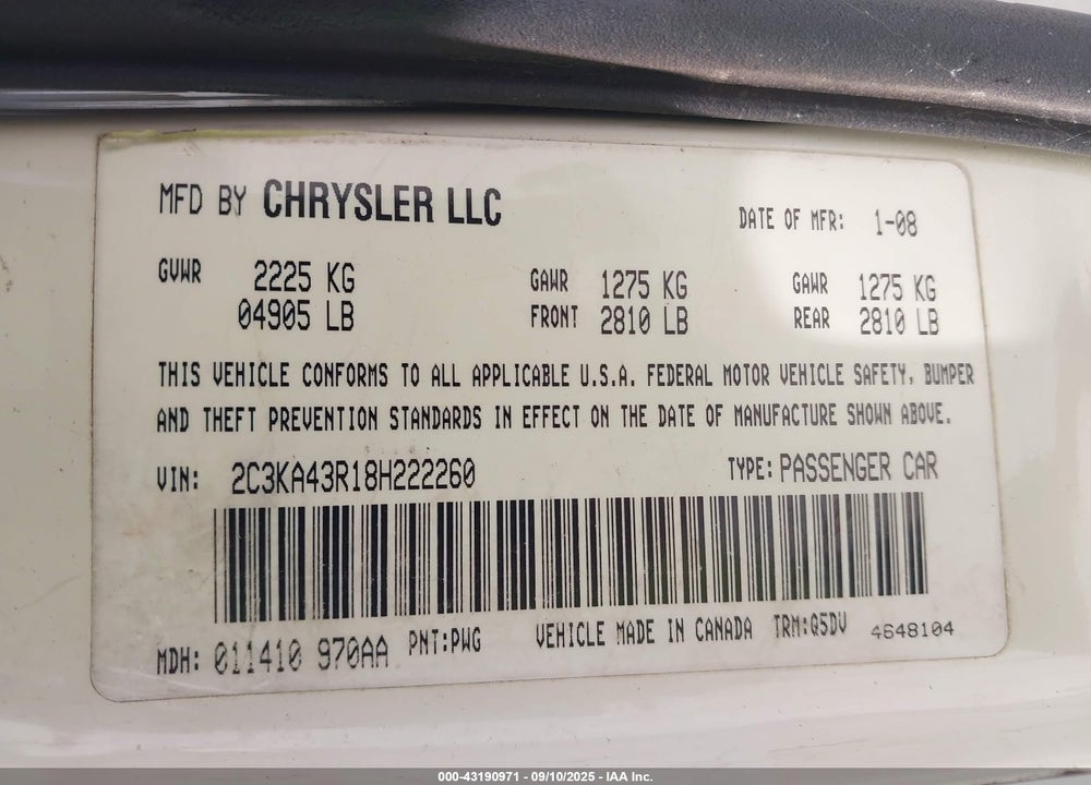 2008 CHRYSLER 300 LX VIN: 2C3KA43R18H222260