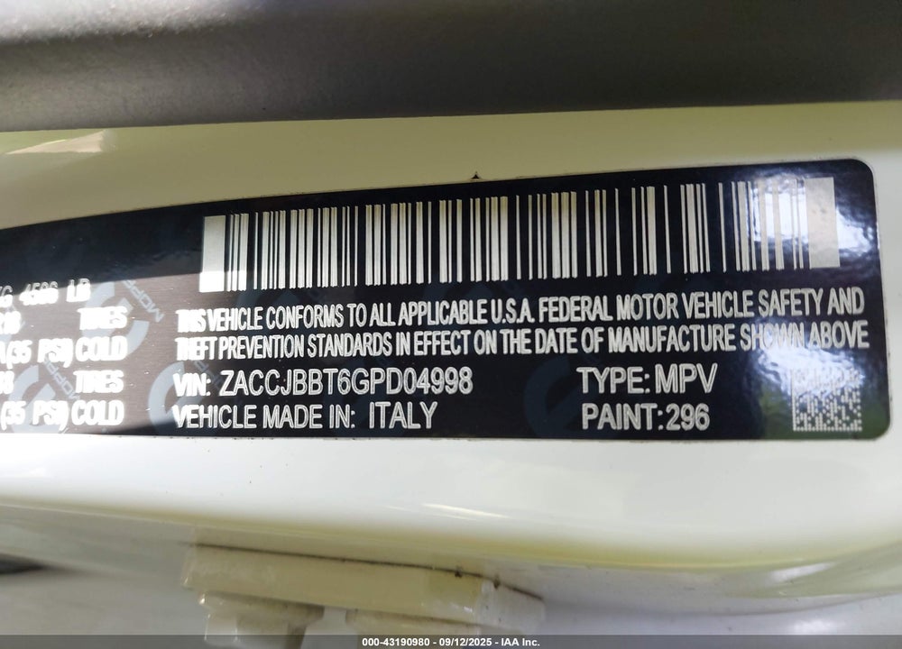 2016 JEEP RENEGADE VIN: ZACCJBBT6GPD04998