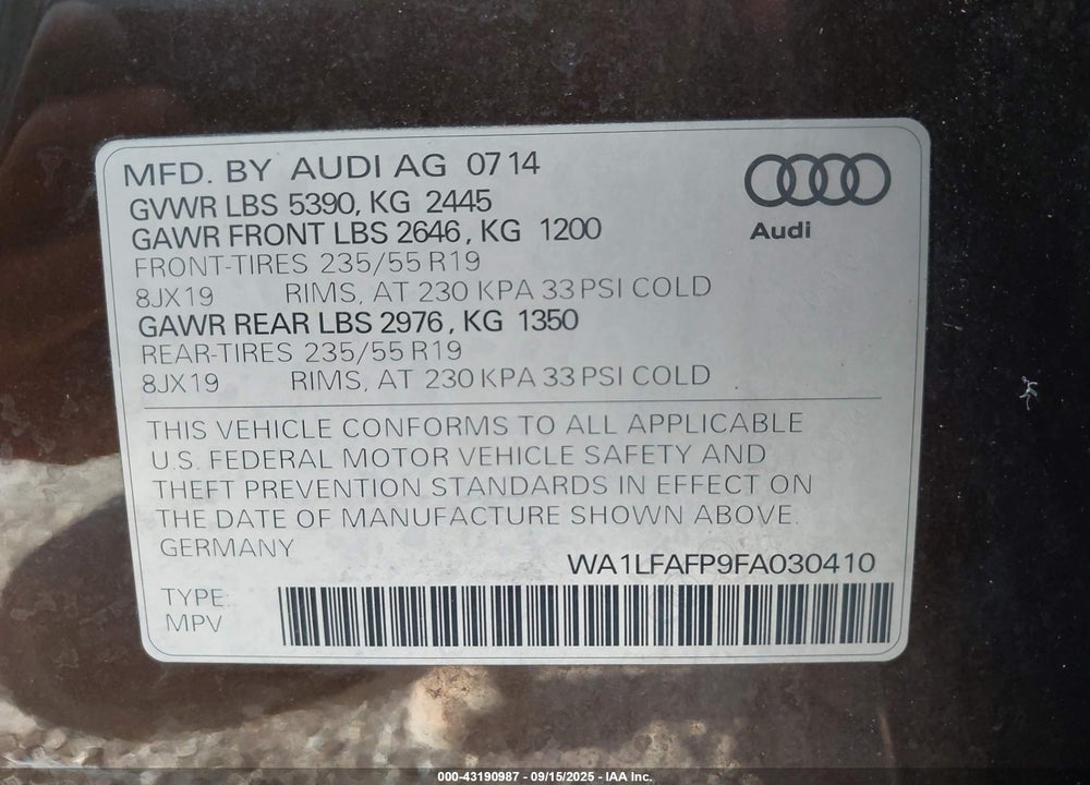 2015 AUDI Q5 VIN: WA1LFAFP9FA030410