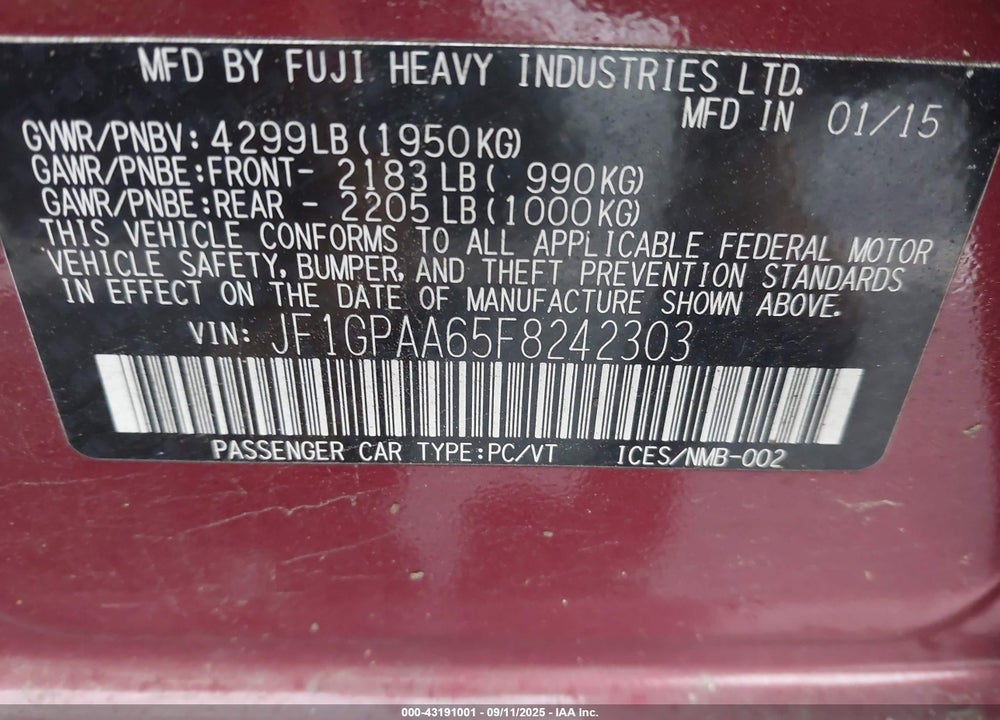 2015 SUBARU IMPREZA 2.0I VIN: JF1GPAA65F8242303