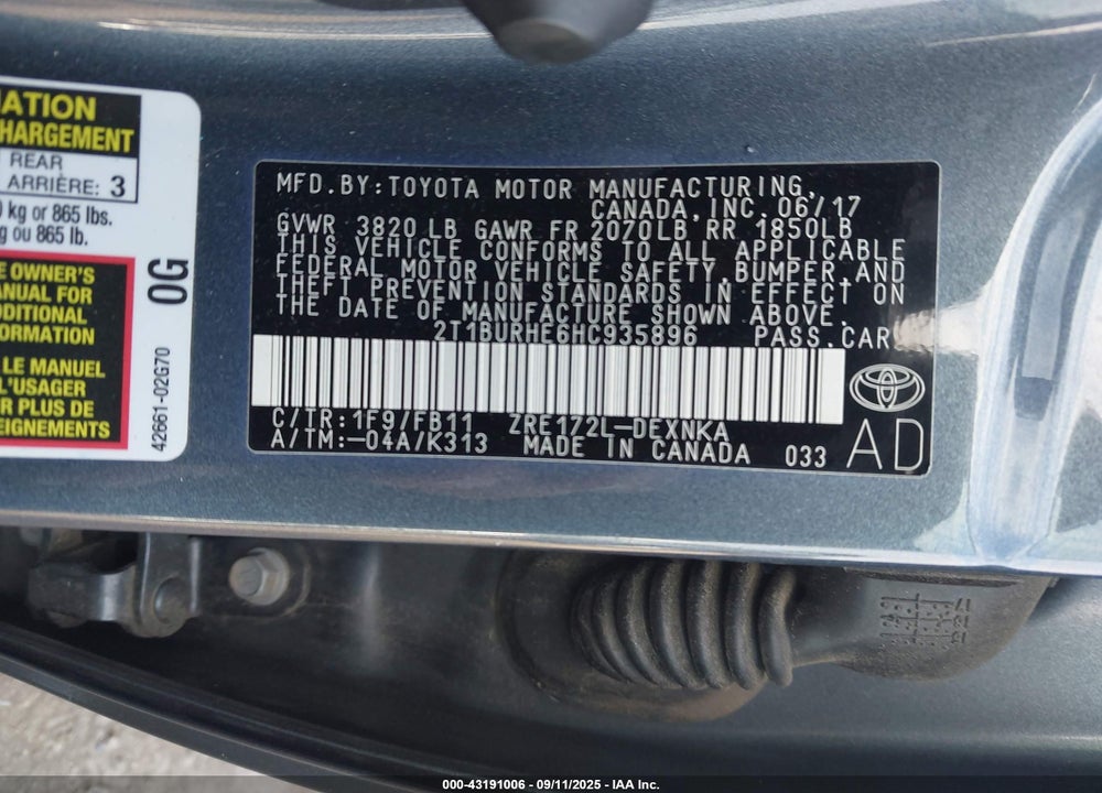 2017 TOYOTA COROLLA LE VIN: 2T1BURHE6HC935896