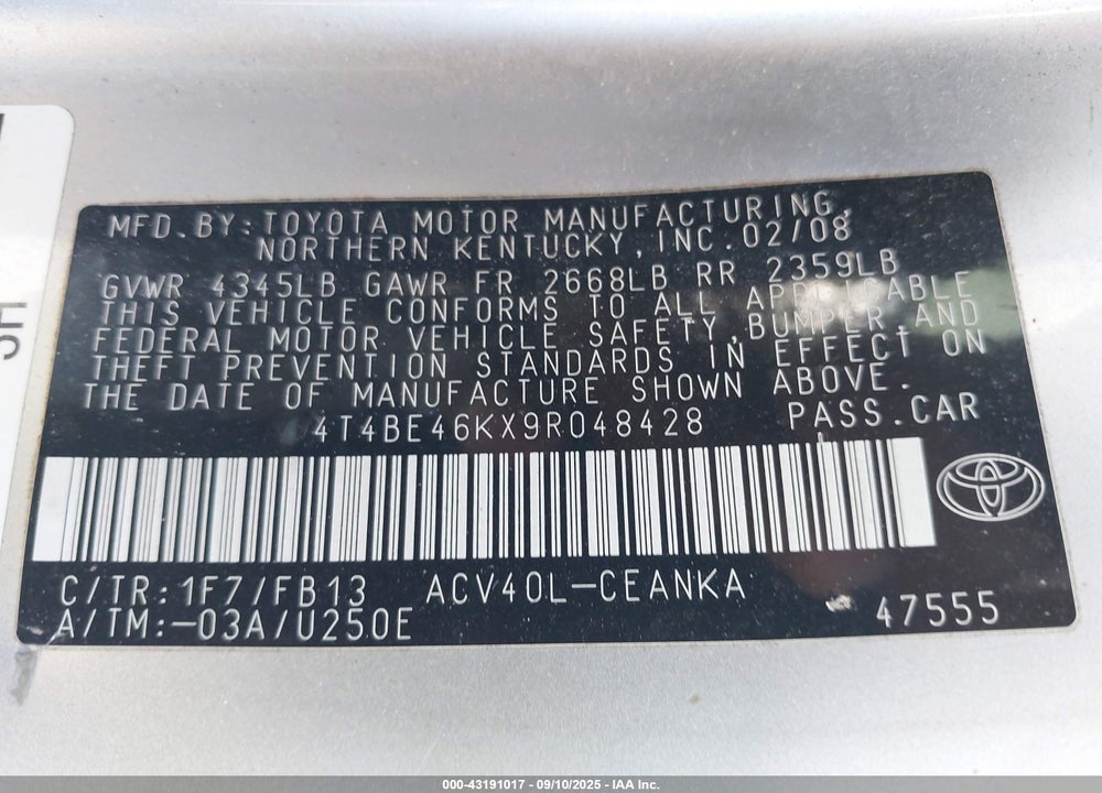 2009 TOYOTA CAMRY VIN: 4T4BE46KX9R048428