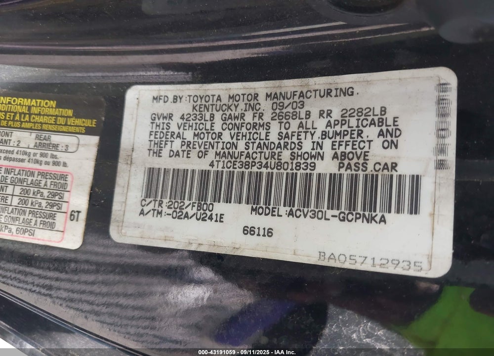 2004 TOYOTA CAMRY SOLARA SE VIN: 4T1CE38P34U801839