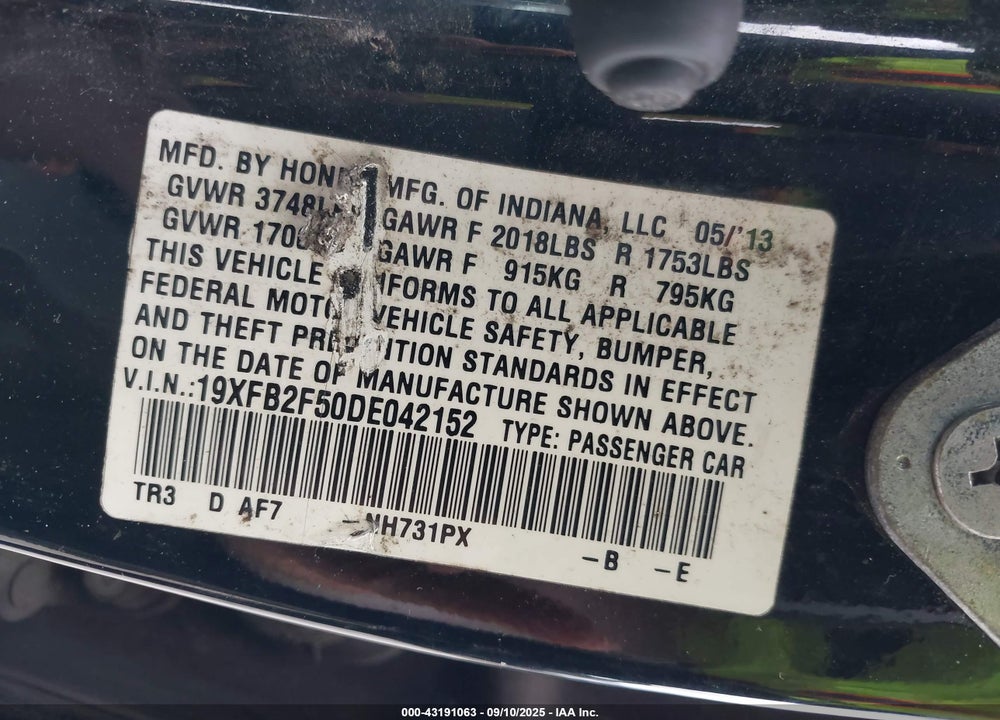 2013 HONDA CIVIC LX VIN: 19XFB2F50DE042152