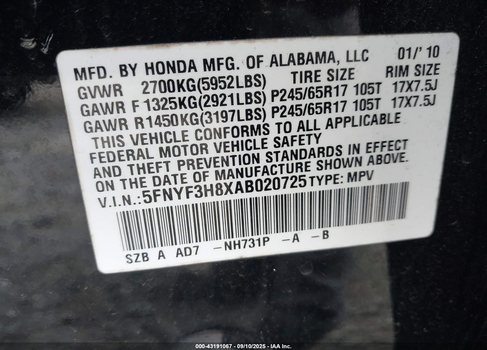 2010 HONDA PILOT TOURING VIN: 5FNYF3H8XAB020725