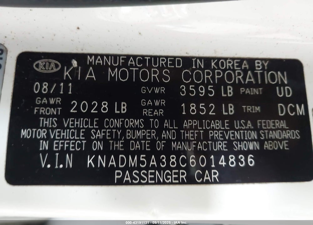 2012 KIA RIO VIN: KNADM5A38C6014836