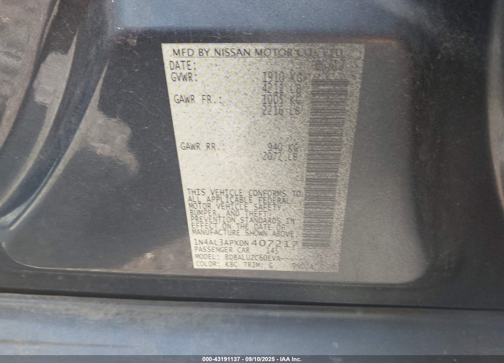 2013 NISSAN ALTIMA VIN: 1N4AL3APXDN407217