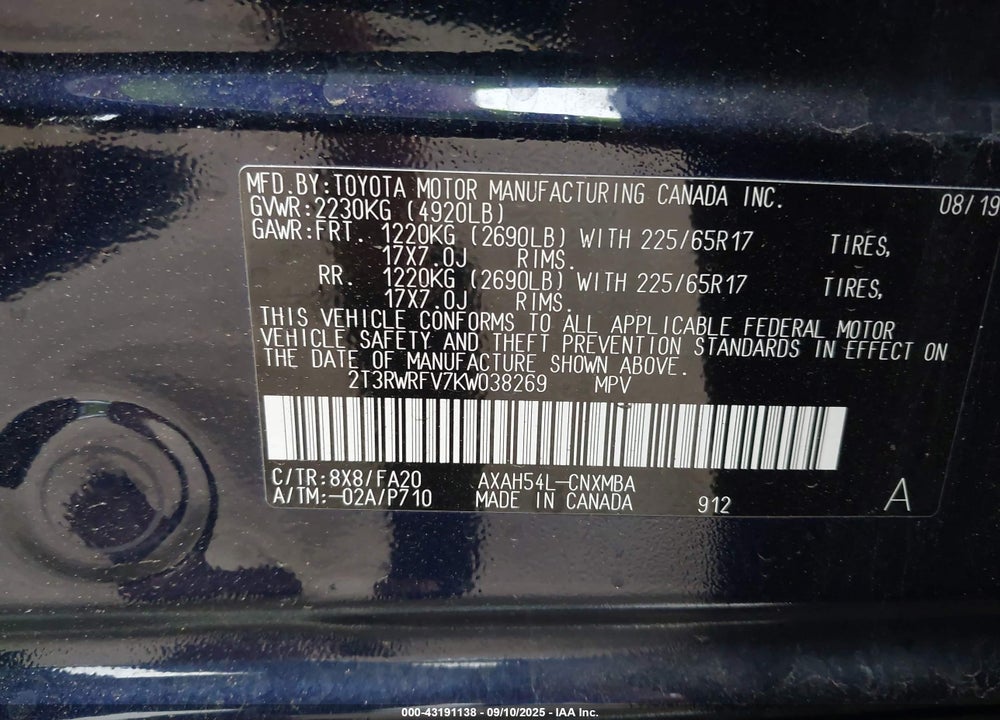 2019 TOYOTA RAV4 HYBRID VIN: 2T3RWRFV7KW038269