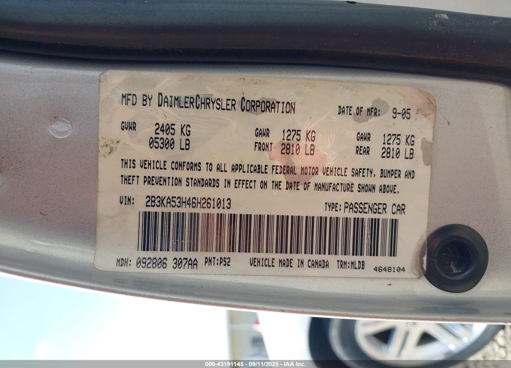 2006 DODGE CHARGER RT VIN: 2B3KA53H46H261013