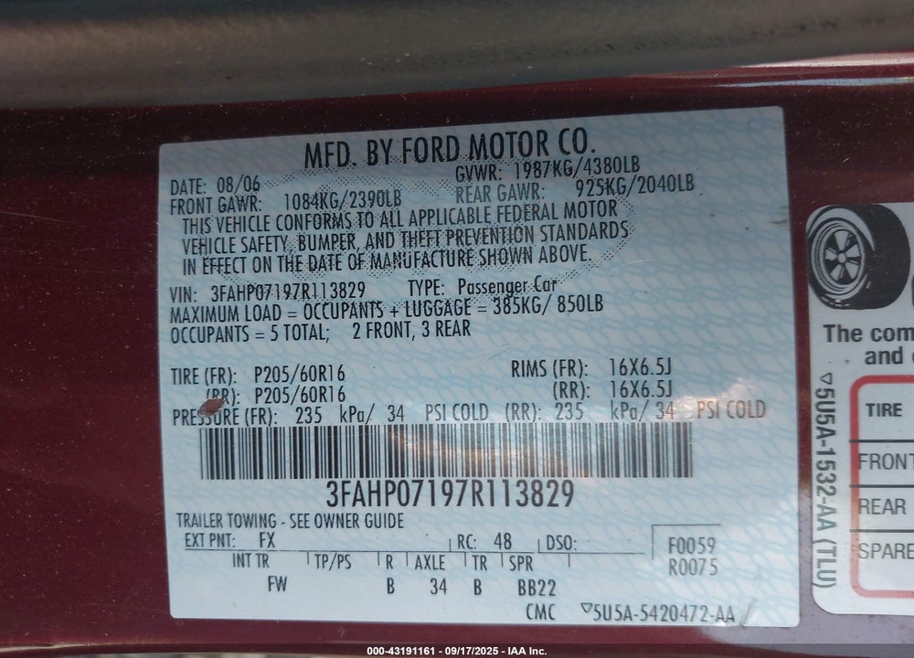2007 FORD FUSION SE VIN: 3FAHP07197R113829
