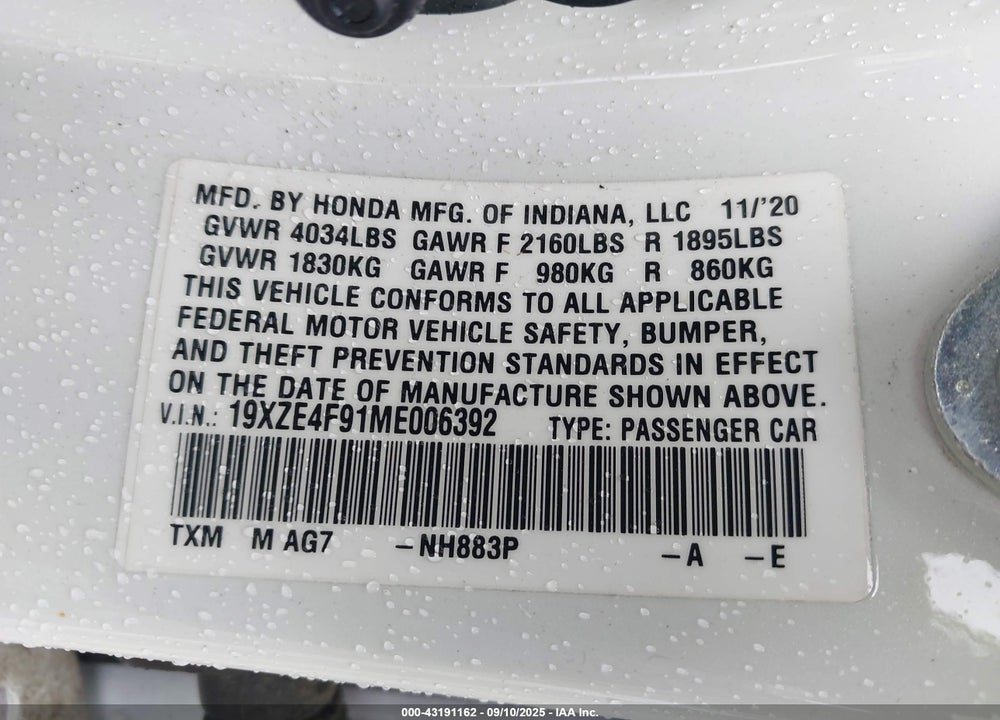 2021 HONDA INSIGHT TOURING VIN: 19XZE4F91ME006392