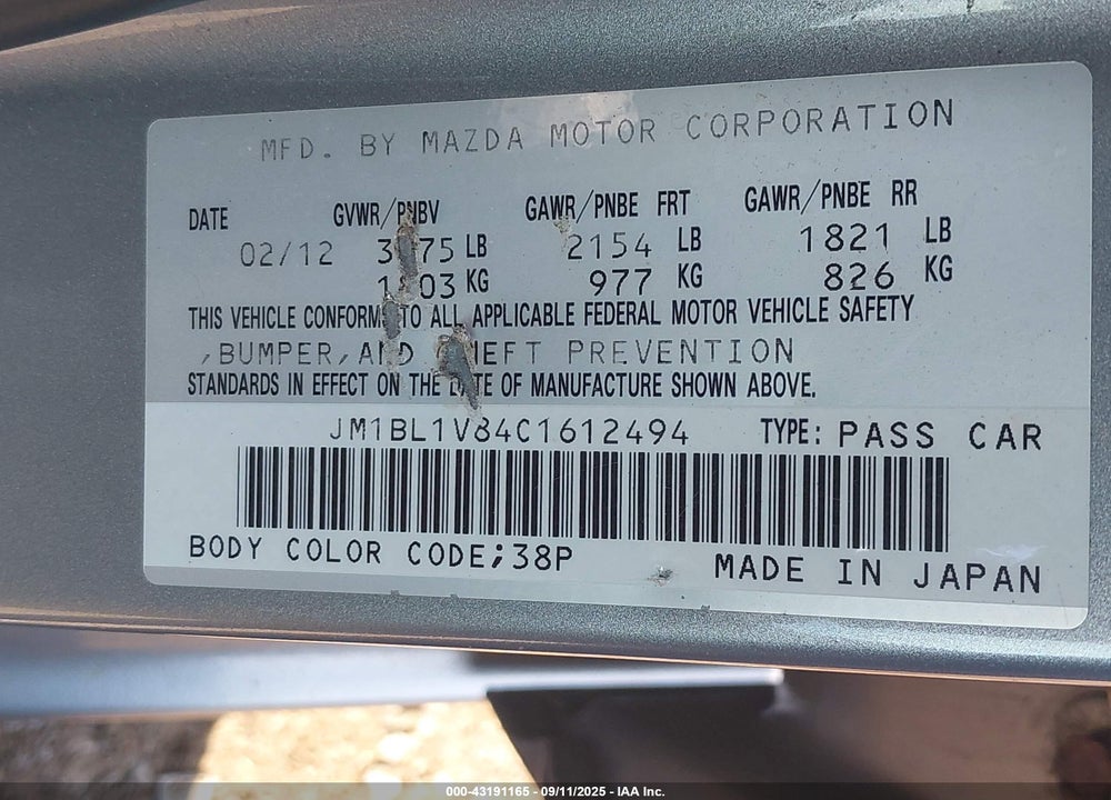 2012 MAZDA 3 VIN: JM1BL1V84C1612494