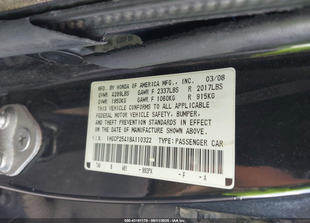 2008 HONDA ACCORD 2.4 LX-P VIN: 1HGCP25418A110322