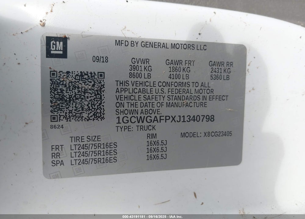 2018 CHEVROLET EXPRESS 2500 WORK VAN VIN: 1GCWGAFPXJ1340798
