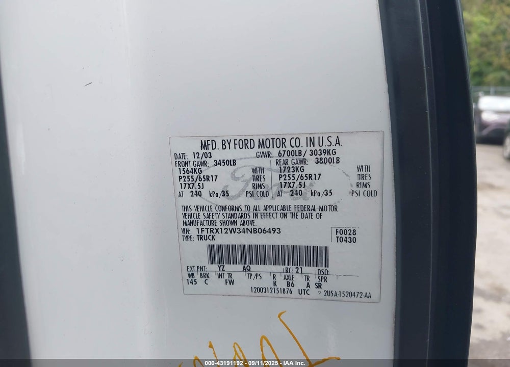 2004 FORD F-150 STX/XL/XLT VIN: 1FTRX12W34NB06493