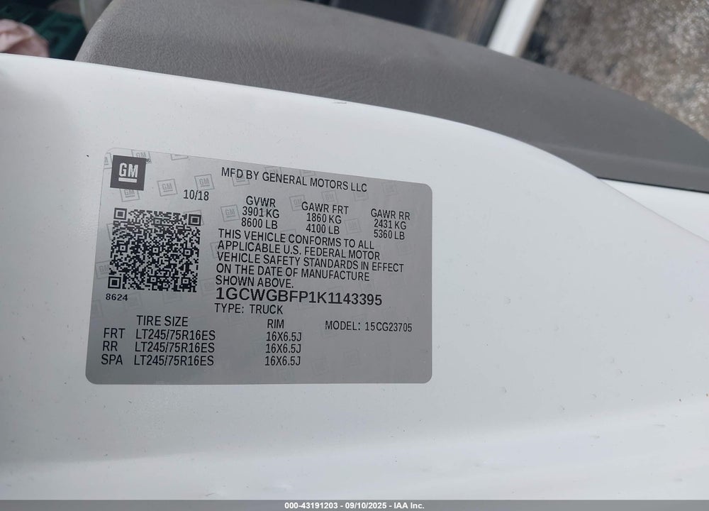 2019 CHEVROLET EXPRESS 2500 VIN: 1GCWGBFP1K1143395