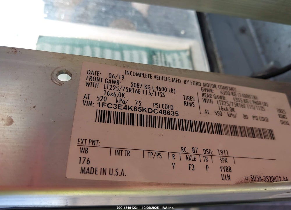 2019 FORD E-450 STRIPPED VIN: 1FC3E4K65KDC48635