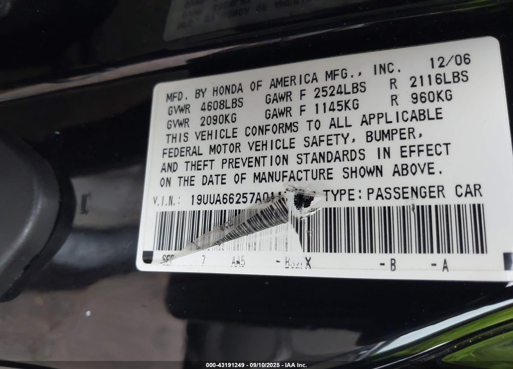 2007 ACURA TL 3.2 VIN: 19UUA66257A011768