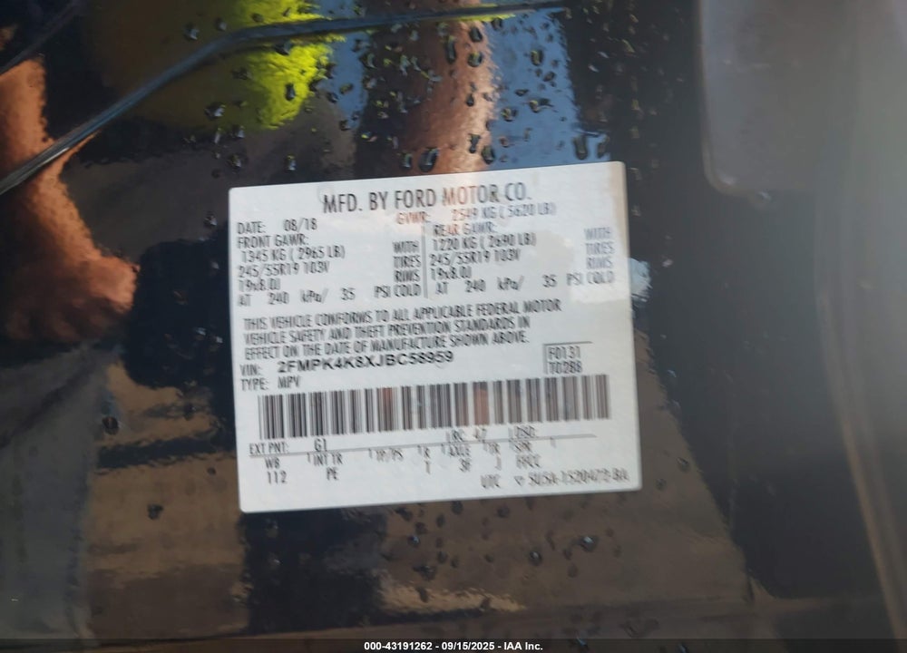 2018 FORD EDGE TITANIUM VIN: 2FMPK4K8XJBC58959