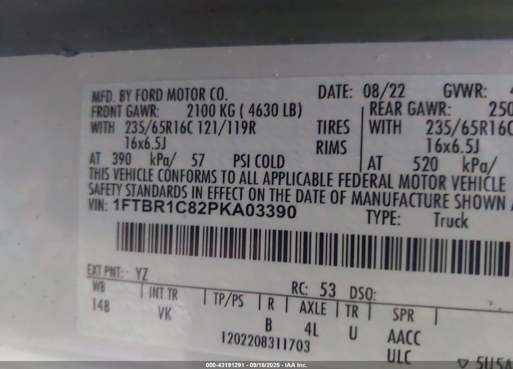 2023 FORD TRANSIT-250 VIN: 1FTBR1C82PKA03390