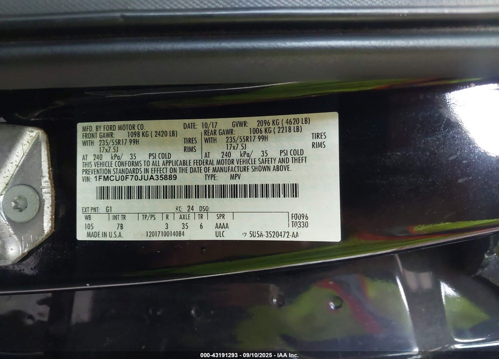 2018 FORD ESCAPE VIN: 1FMCU0F70JUA35889