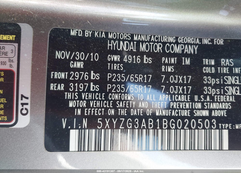 2011 HYUNDAI SANTA FE VIN: 5XYZG3AB1BG020503
