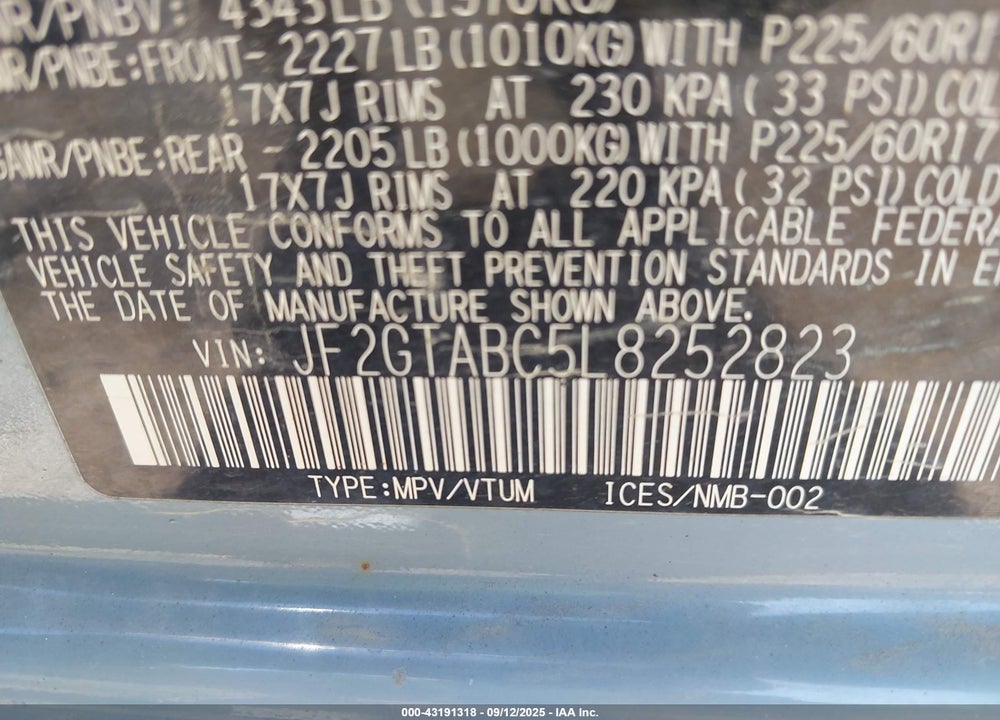 2020 SUBARU CROSSTREK VIN: JF2GTABC5L8252823
