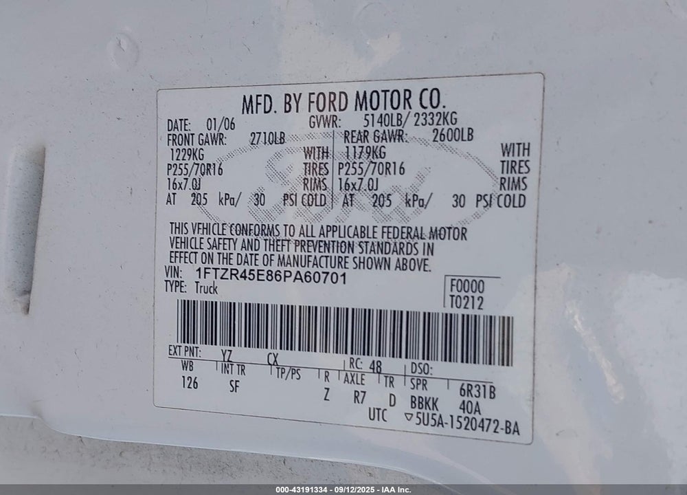 2006 FORD RANGER VIN: 1FTZR45E86PA60701