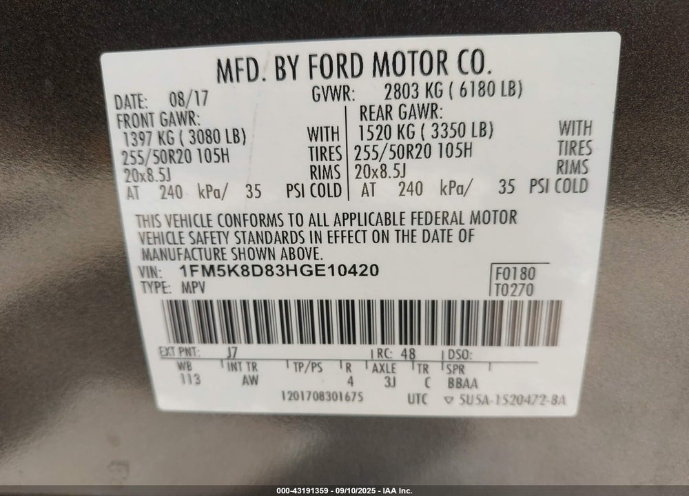 2017 FORD EXPLORER VIN: 1FM5K8D83HGE10420