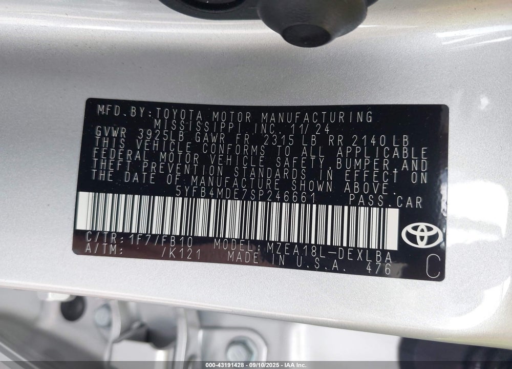 2025 TOYOTA COROLLA VIN: 5YFB4MDE7SP246661