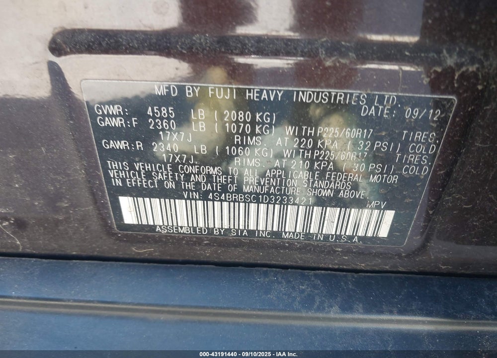2013 SUBARU OUTBACK VIN: 4S4BRBSC1D3233421