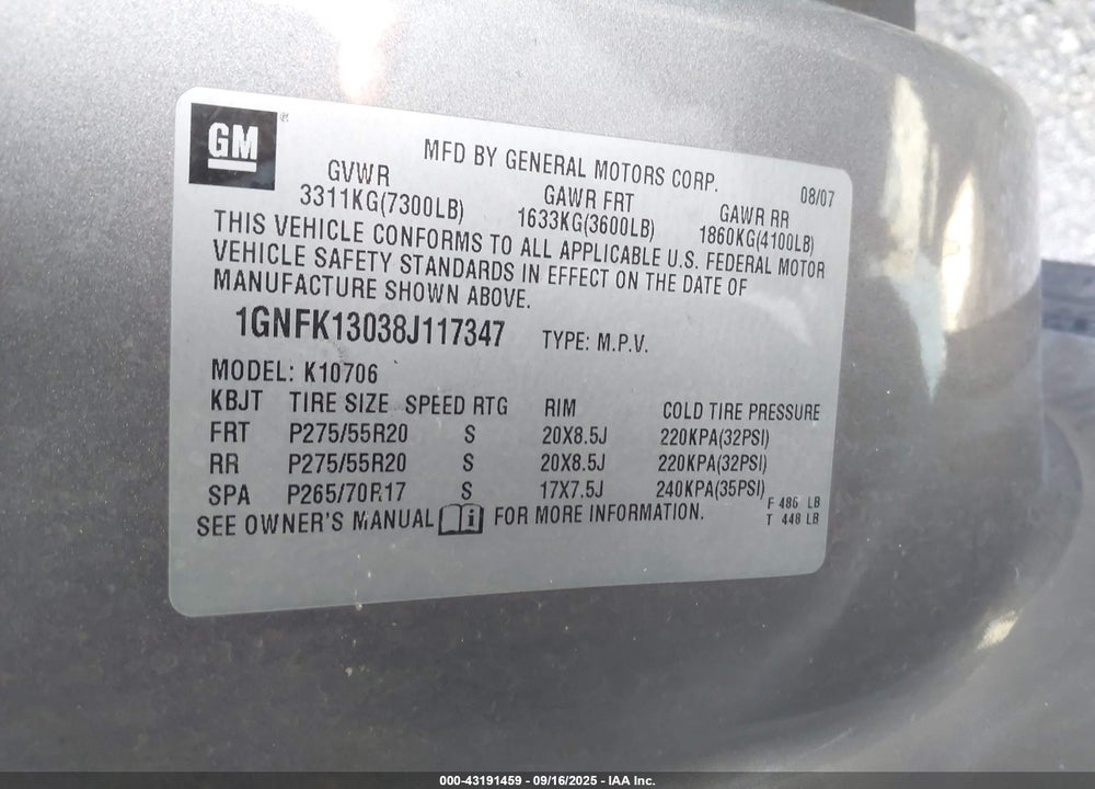 2008 CHEVROLET TAHOE LT VIN: 1GNFK13038J117347