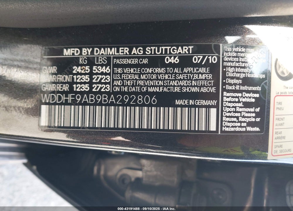 2011 MERCEDES-BENZ E-CLASS VIN: WDDHF9AB9BA292806