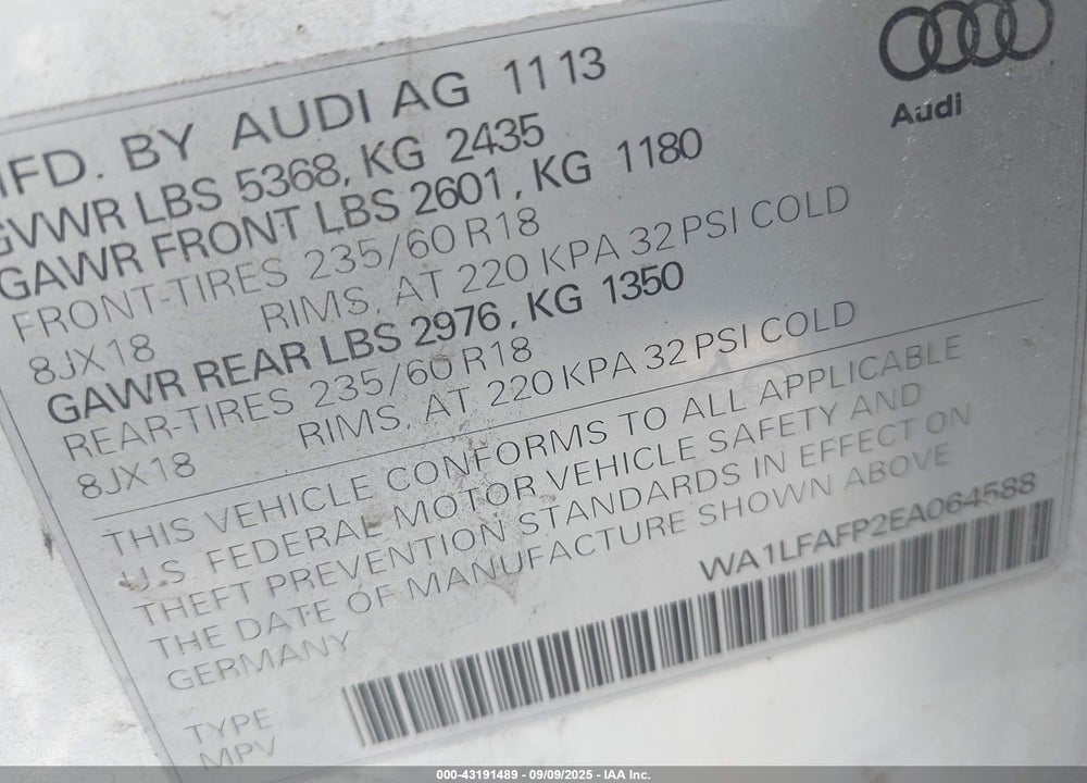 2014 AUDI Q5 VIN: WA1LFAFP2EA064588