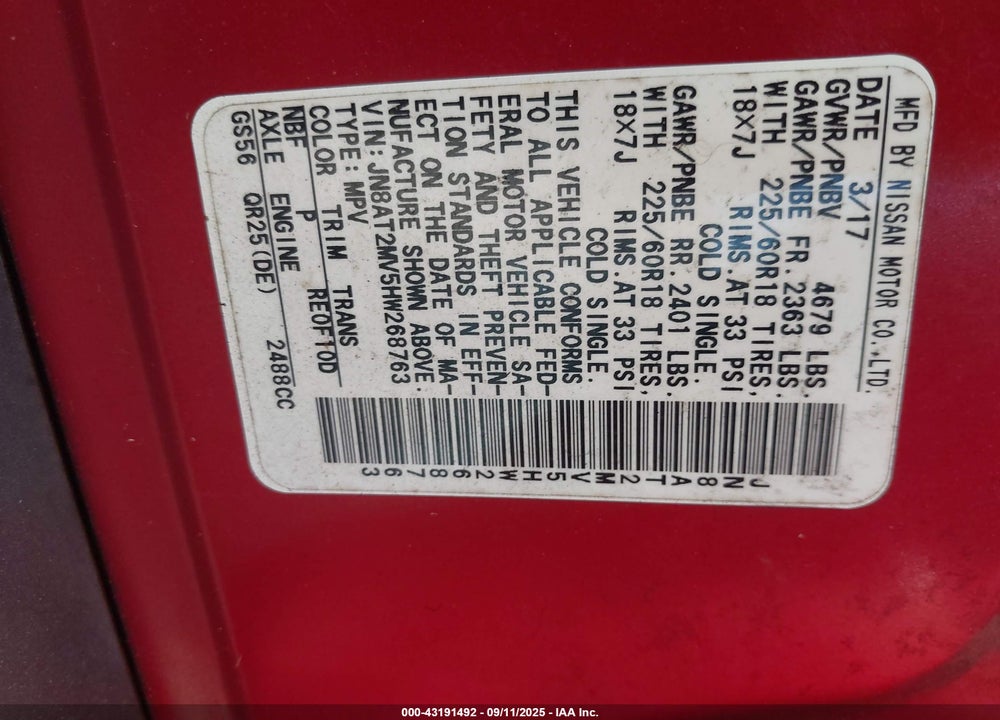 2017 NISSAN ROGUE SL VIN: JN8AT2MV5HW268763
