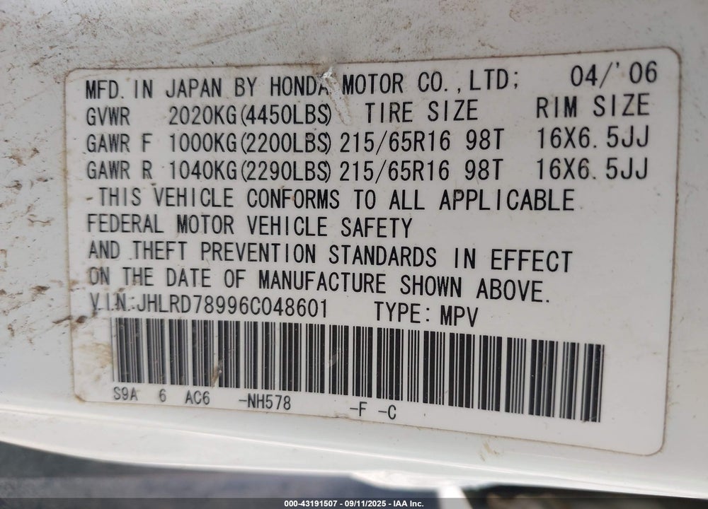 2006 HONDA CR-V SE VIN: JHLRD78996C048601