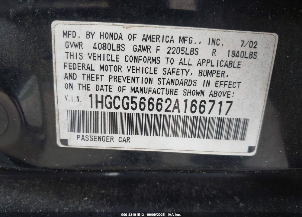 2002 HONDA ACCORD 2.3 EX VIN: 1HGCG56662A166717