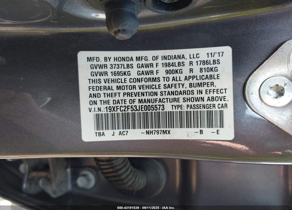 2018 HONDA CIVIC VIN: 19XFC2F53JE005573