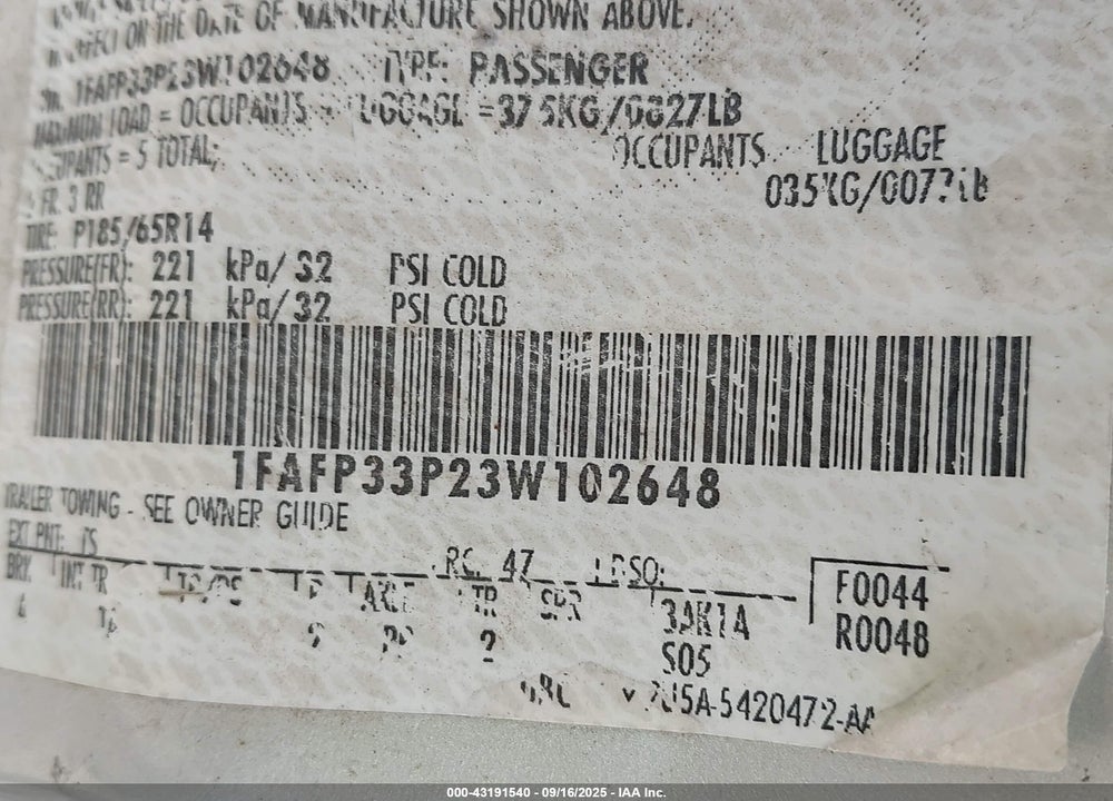 2003 FORD FOCUS LX VIN: 1FAFP33P23W102648