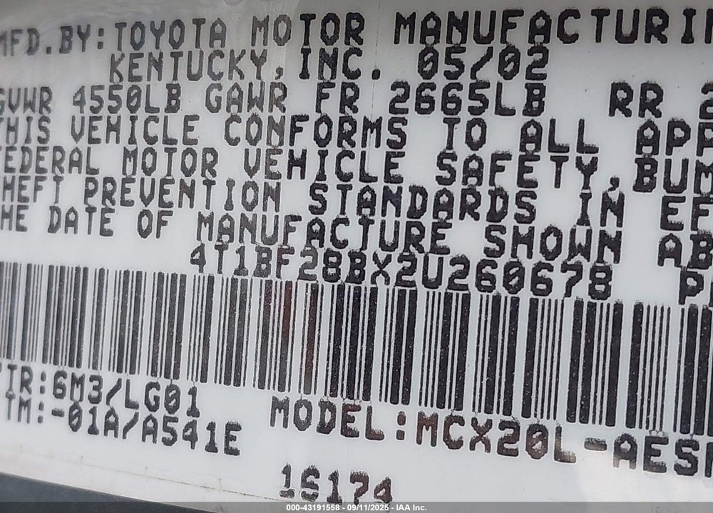 2002 TOYOTA AVALON XL VIN: 4T1BF28BX2U260678