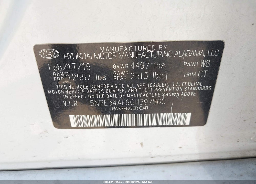 2016 HYUNDAI SONATA SPORT VIN: 5NPE34AF9GH397860