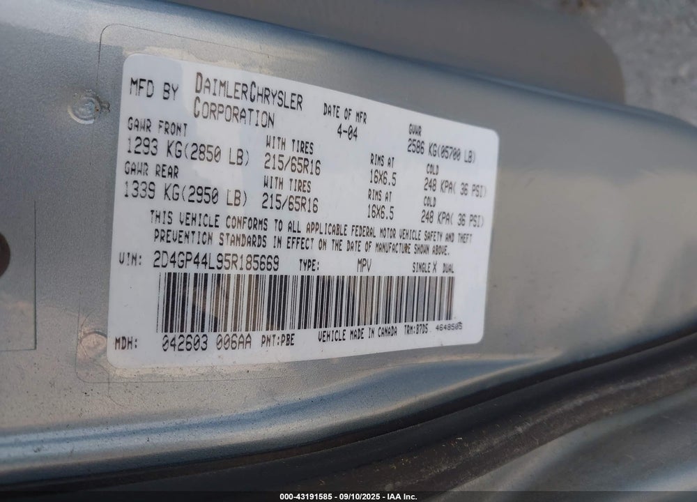 2005 DODGE GRAND CARAVAN SXT VIN: 2D4GP44L95R185669
