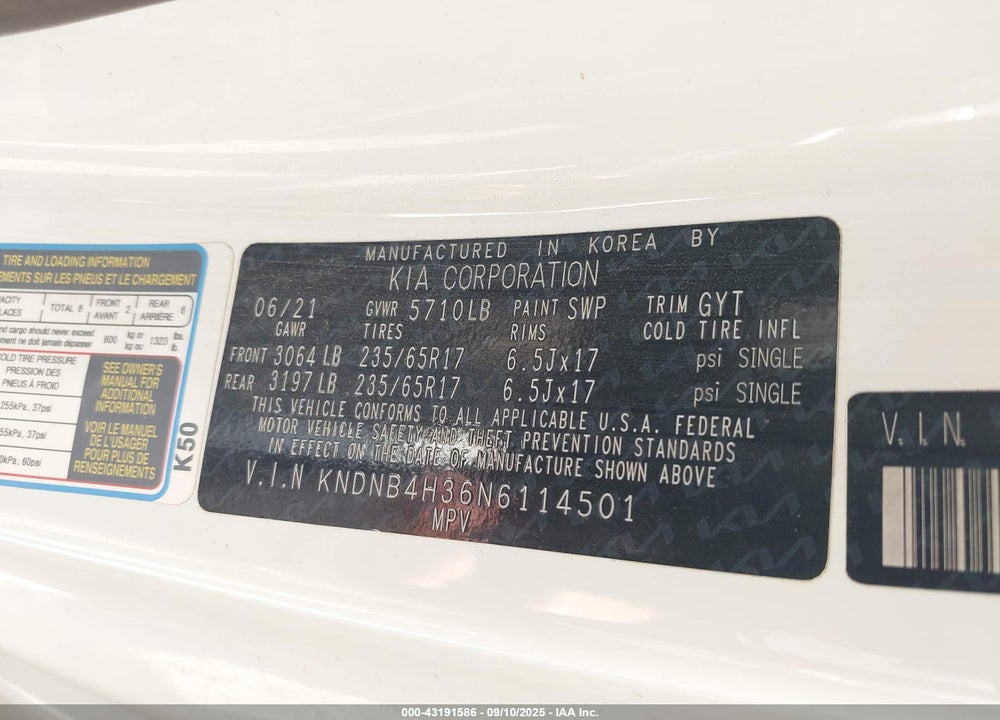 2022 KIA CARNIVAL VIN: KNDNB4H36N6114501