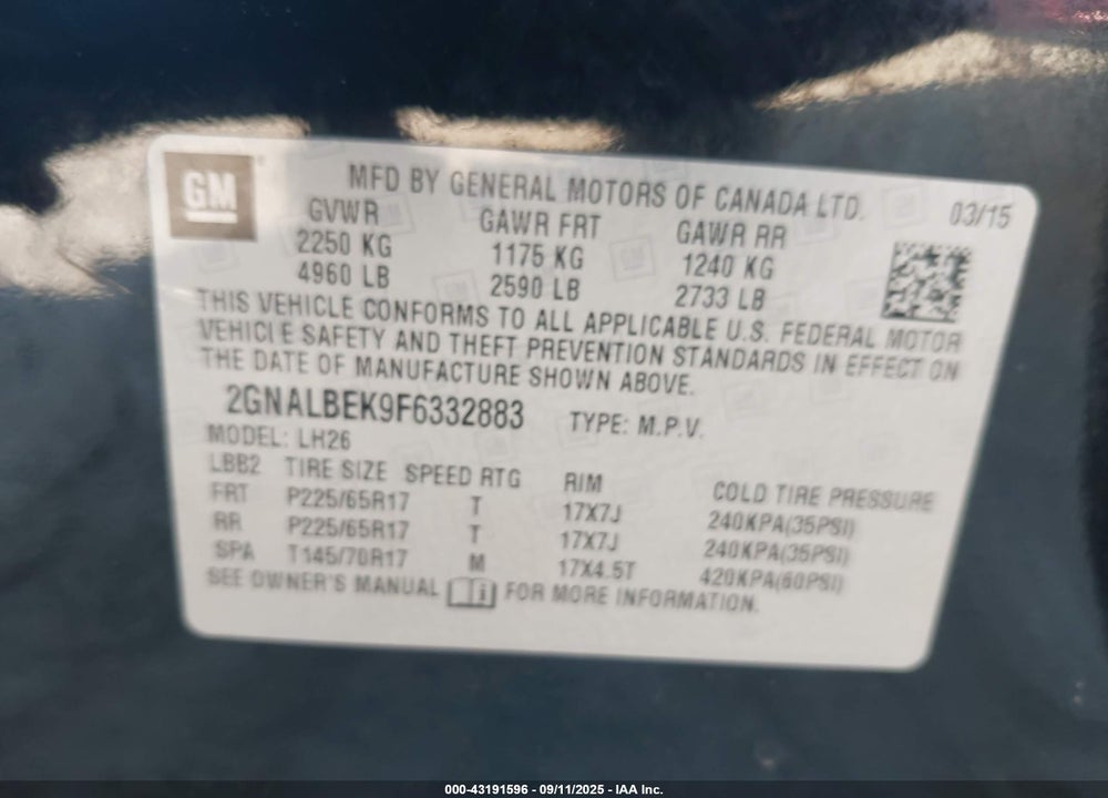2015 CHEVROLET EQUINOX VIN: 2GNALBEK9F6332883