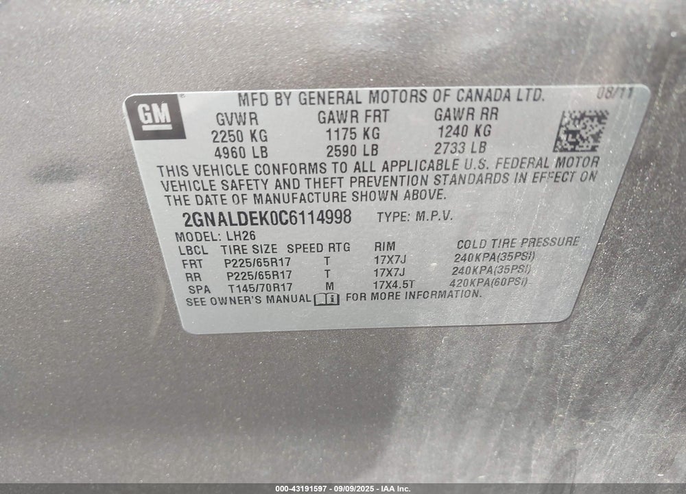 2012 CHEVROLET EQUINOX 1LT VIN: 2GNALDEK0C6114998