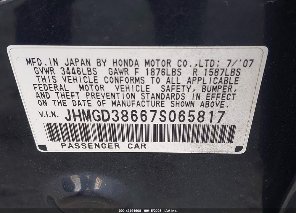 2007 HONDA FIT SPORT VIN: JHMGD38667S065817