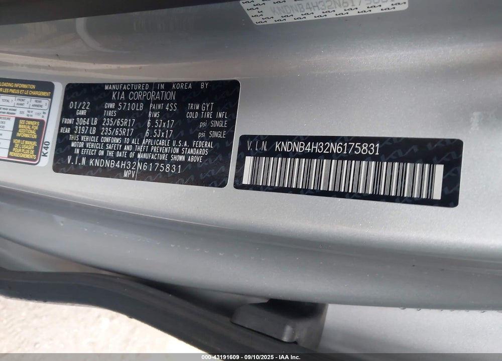 2022 KIA CARNIVAL VIN: KNDNB4H32N6175831