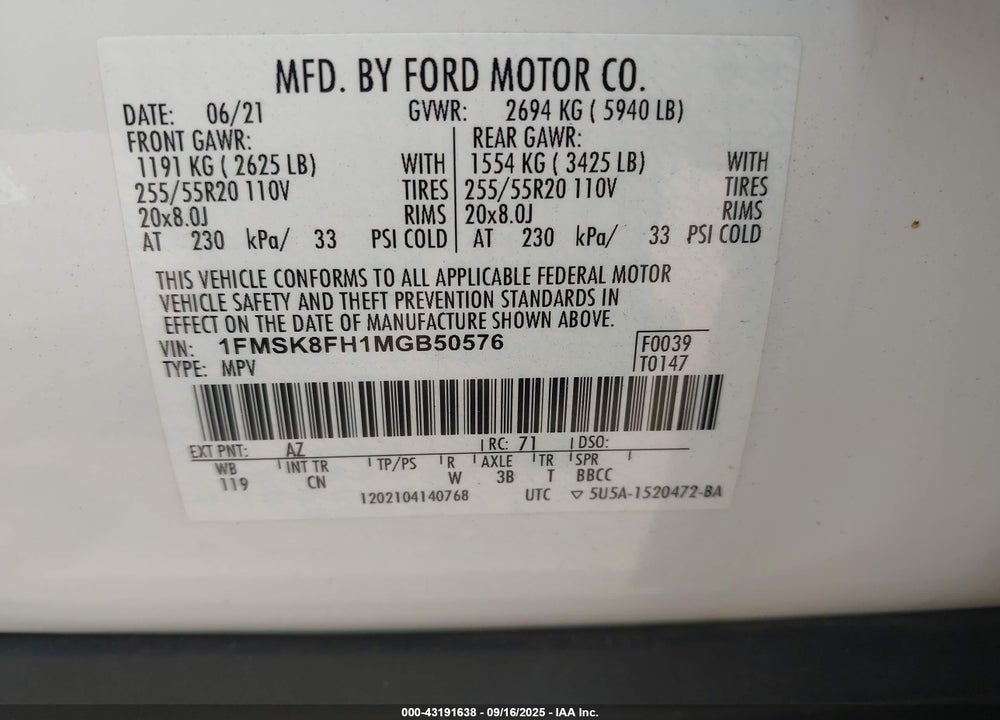 2021 FORD EXPLORER LIMITED VIN: 1FMSK8FH1MGB50576