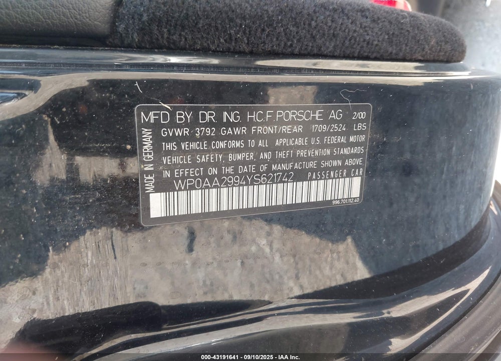 2000 PORSCHE 911 CARRERA /CARRERA 4 VIN: WP0AA2994YS621742