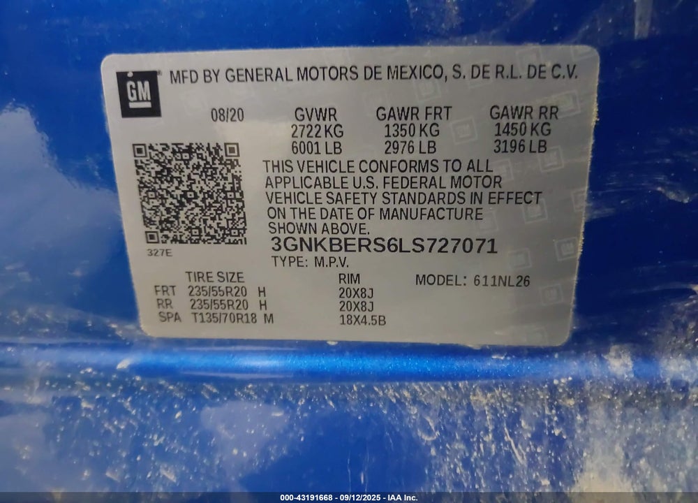 2020 CHEVROLET BLAZER VIN: 3GNKBERS6LS727071